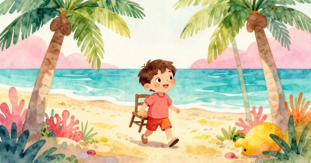 在金色沙灘上,Leo手持小椅子穿過天然拱門,波浪輕拍沙岸,他神情期待且充滿活力。