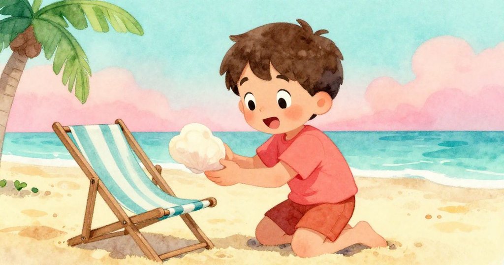 Leo蹲下檢查搖搖欲墜的椅子,臉上驚訝與好奇交織,他發現椅子下隱藏著一個淡雲般的貝殼。