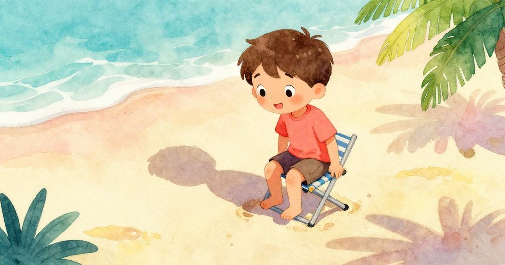 從高處俯瞰,Leo小心彎腰嘗試坐下時,柔和光線映照出他謹慎與期待的神情,沙粒閃爍。