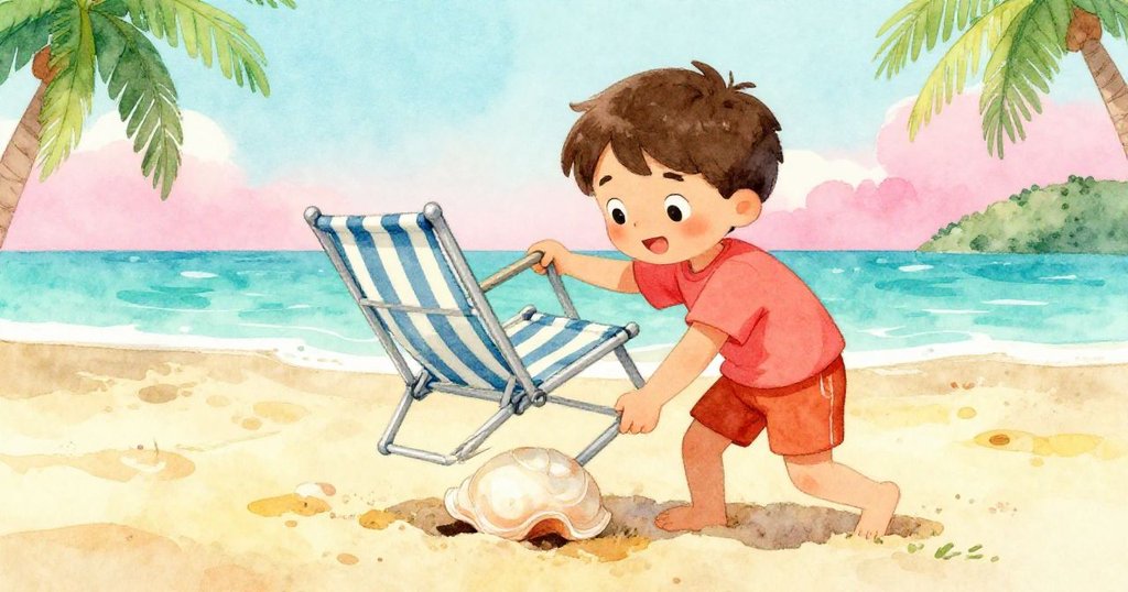 Leo拉起搖搖晃晃的椅子,小心翼翼將椅子移回穩固沙面,他臉上顯露出決心與細心的表情。