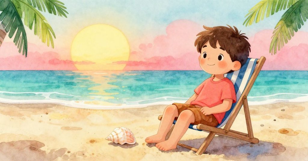 在明媚太陽下,Leo坐在穩固的椅子上,身旁散發微光的貝殼陪伴,他展望遠方海天一色,心情平靜愉快。