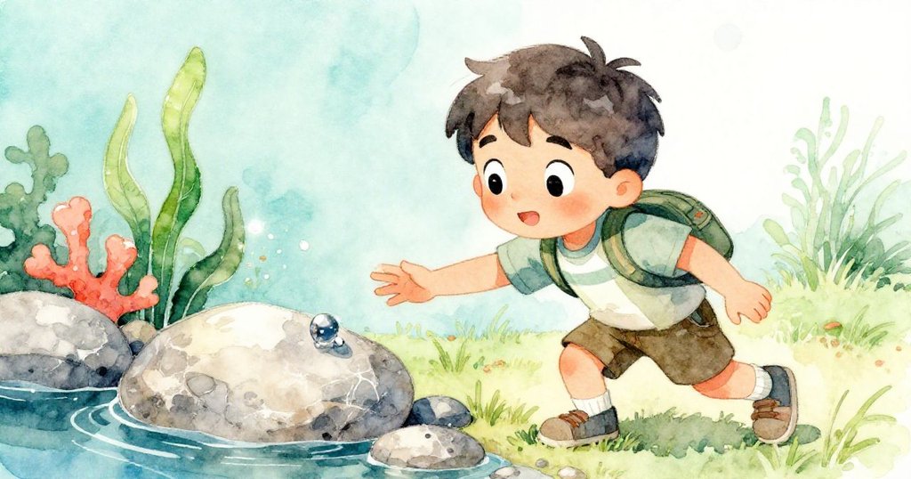 Leo伸手觸摸石邊閃光物，眼中流露出驚奇與期待，背景展現自然石堆與柔和水面。