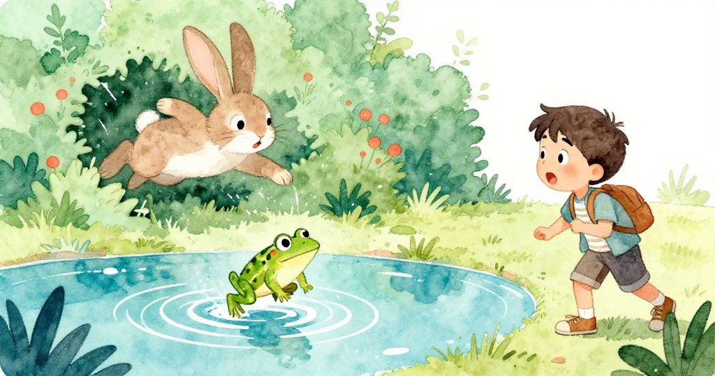 毛兔突然竄出灌木，驚嚇青蛙逃入池中，水面泛起閃亮漣漪，Leo臉上滿是驚奇與好奇。