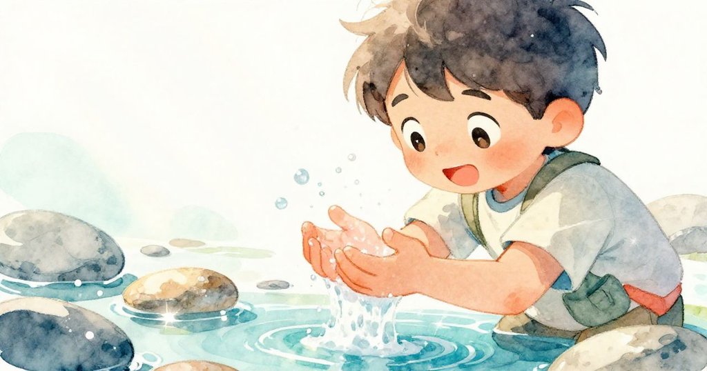 Leo的手上濺起水花，陽光灑落在濕潤石頭上形成斑駁光影，呈現出驚奇又溫暖的自然美景。