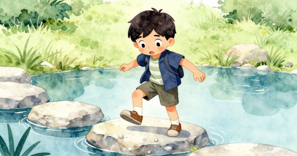 Leo踩著堅固石頭，小心後退，臉上展現堅定與釋然，昔日混亂中流露出重拾平衡的決心。