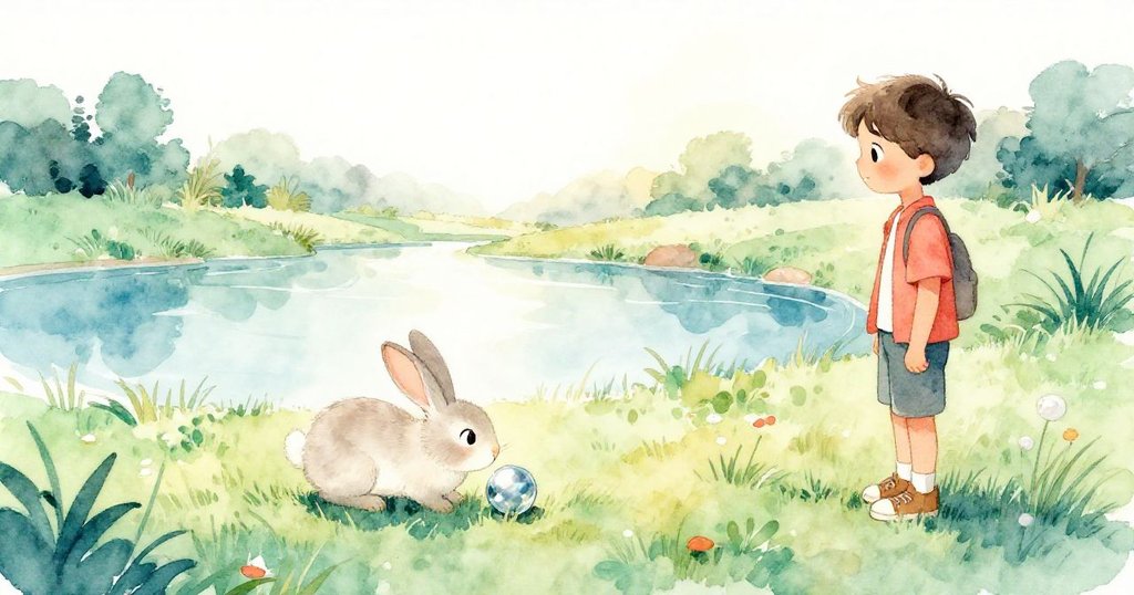 閃光物安穩躺在草地上，毛兔輕嗅檢視，Leo遠處靜觀，臉上滿溢平靜與溫馨，呈現自然和諧。