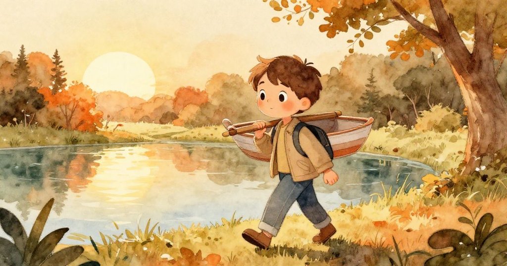 盧卡沿著池塘邊漫步，手持小船，背景呈秋日暖光與綠意，充滿靜謐感，故事由此展開。