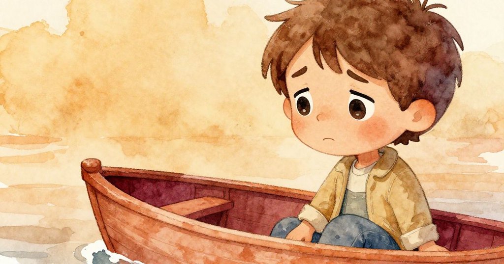 盧卡面露悲傷神情，凝視著隨風漂走的小船，背景池塘泛起微波，情感逐步加深。