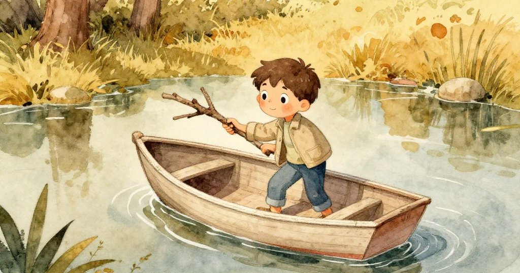 從高處俯瞰盧卡伸手取用短樹枝救船，樹枝顯得太短，表情中流露出無奈與努力，場景寬闊。