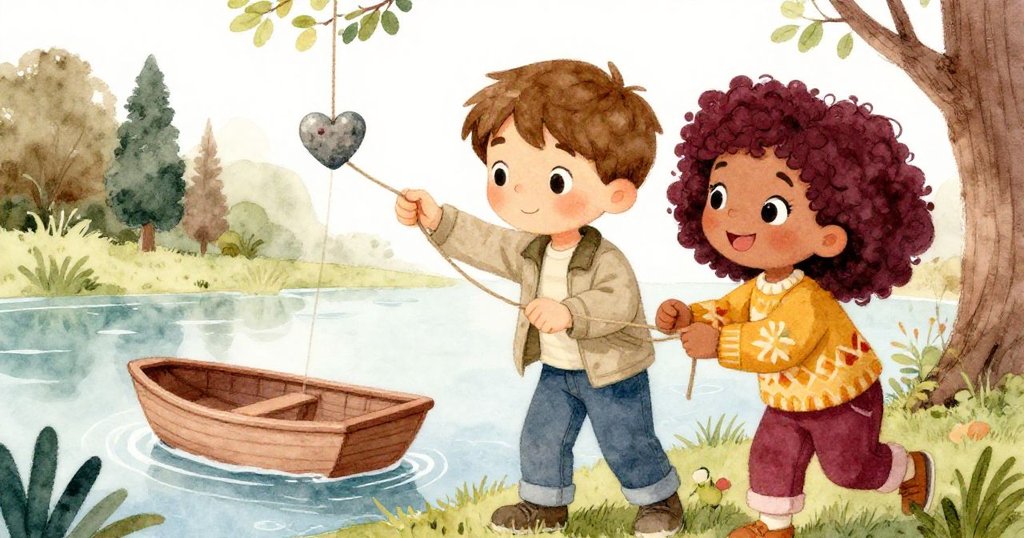 朱諾細心綁上心形石固定於樹枝，盧卡利用該工具拖回小船，兩人合作呈現逆境中智慧與努力。