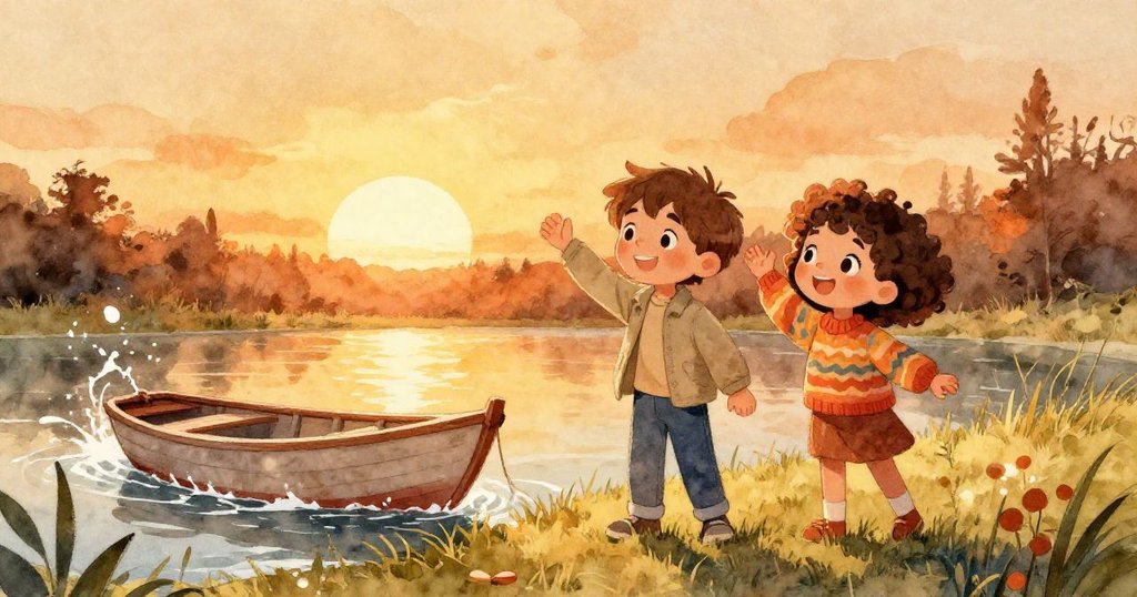 盧卡笑得開心，朱諾拍手慶祝，小船已靠在草地上，夕陽金光灑滿池邊，故事以歡樂溫馨結束。