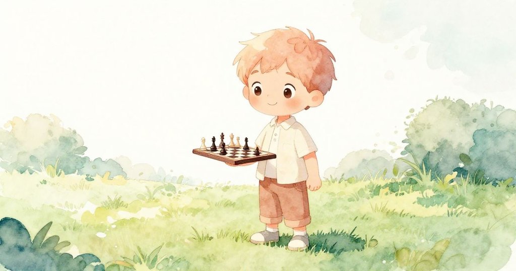 Tim站在被陽光照耀的綠色草坪上，手持棋盤，臉上帶著平靜和期待的表情，環境自然溫暖柔和。