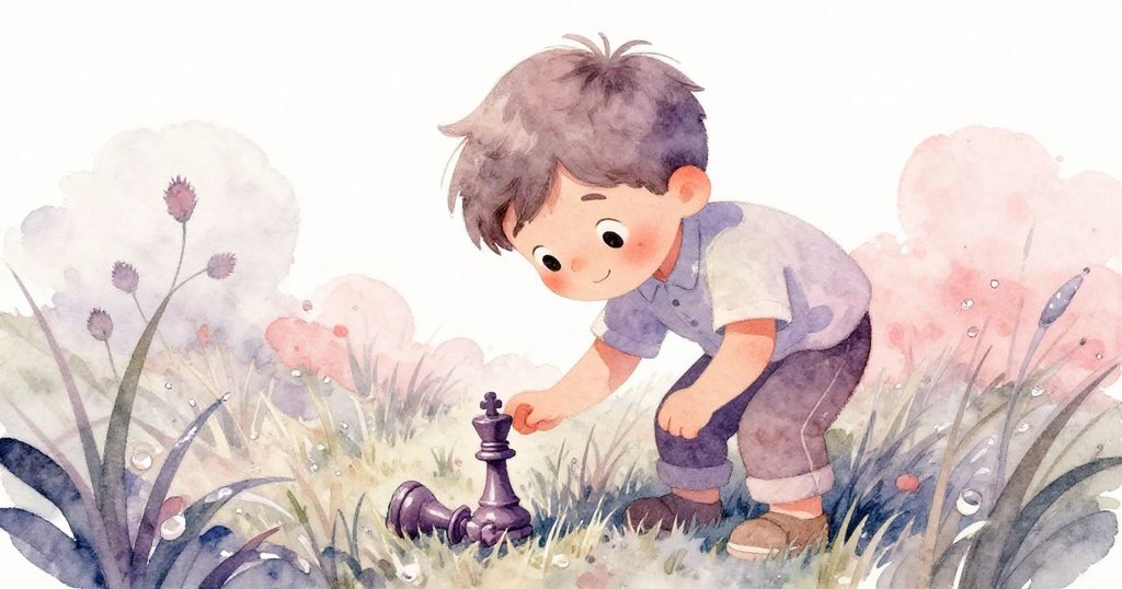 Tim彎下身仔細查看掉落在露珠濕潤草叢中的棋子，動作輕柔而好奇，背景呈現柔和珊瑚與薰衣草灰色調。