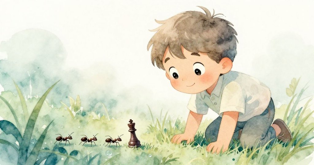 Tim好奇地探頭向露珠閃亮的綠葉望去，葉上反映出蚂蚁拉動棋王的畫面，整體色調柔和而神秘。