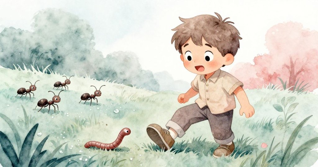 Tim因鞋邊爬過的小褐色蚯蚓而驚呼，身體迅速後跳，背景中蚂蚁仍忙碌於綠色草地上，情緒瞬間緊張。