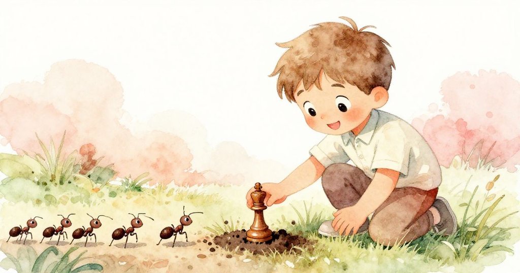 Tim平靜地將手放在柔軟草地上，從深色土壤中取起棋王，臉上流露出沉思與安寧，蚂蚁緩緩離去。