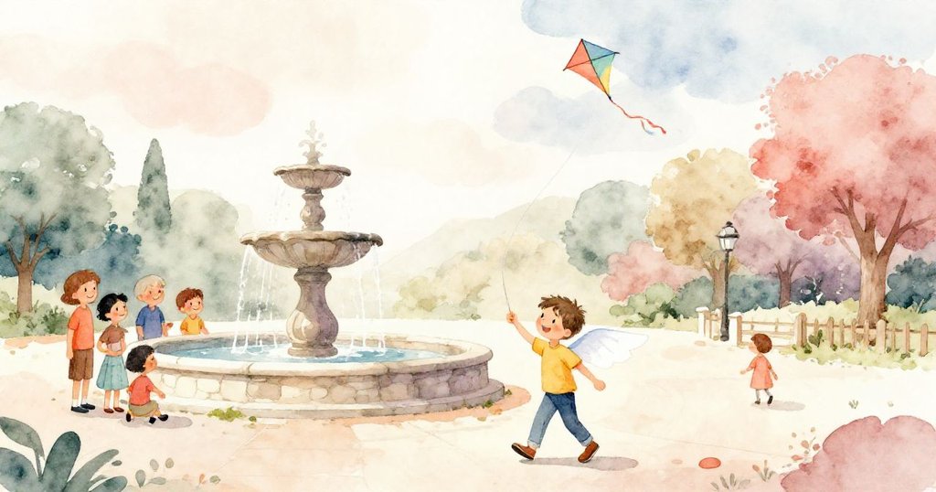 班拿著彩色紙翼走在石板廣場上，家人在噴泉旁等待，風箏在高空飛舞，天空聚雲氛圍期待而溫暖。