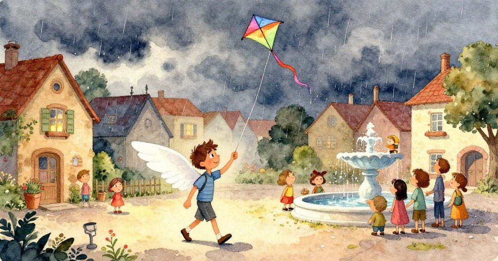 班專注握著明亮紙翼，細緻彩色圖案映照出希望與夢想，背景隱約見雨滴石板廣場。