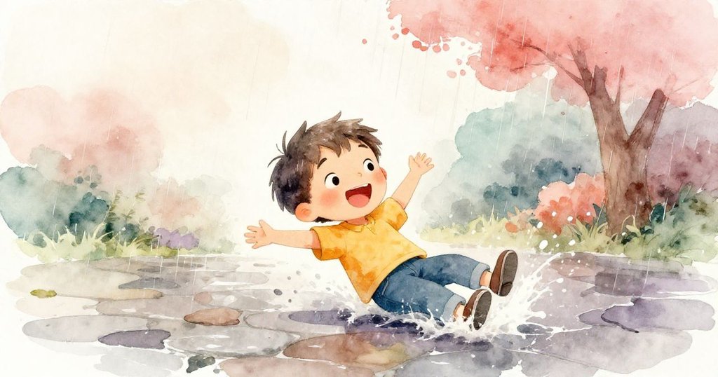 班在細雨中滑倒，低角度顯示濕潤石板與水花飛濺，他面帶驚喜笑容，挑戰冒險瞬間綻放。