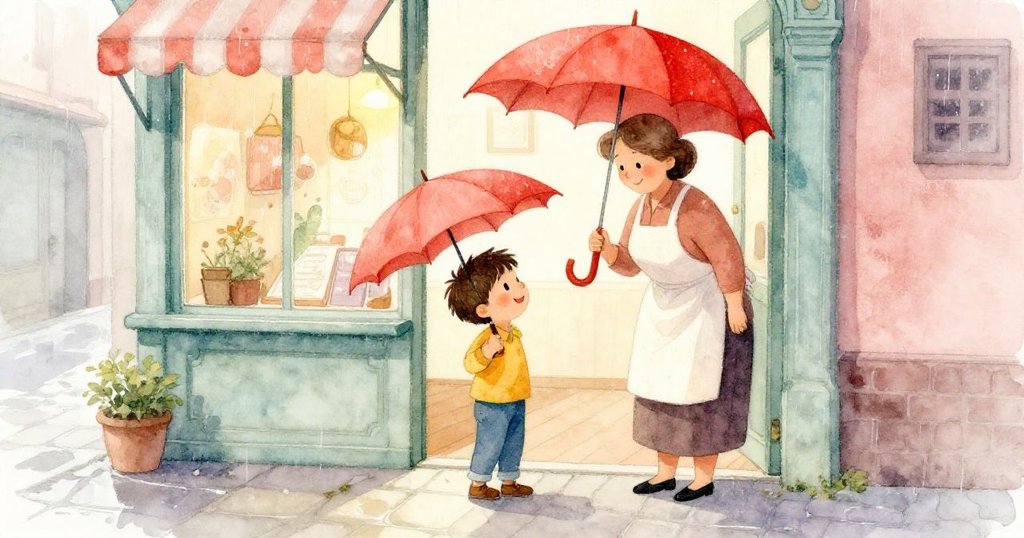 女士從小店走出打開紅傘，覆蓋班與紙翼，暖色光影裡展現出溫暖庇護與關懷。