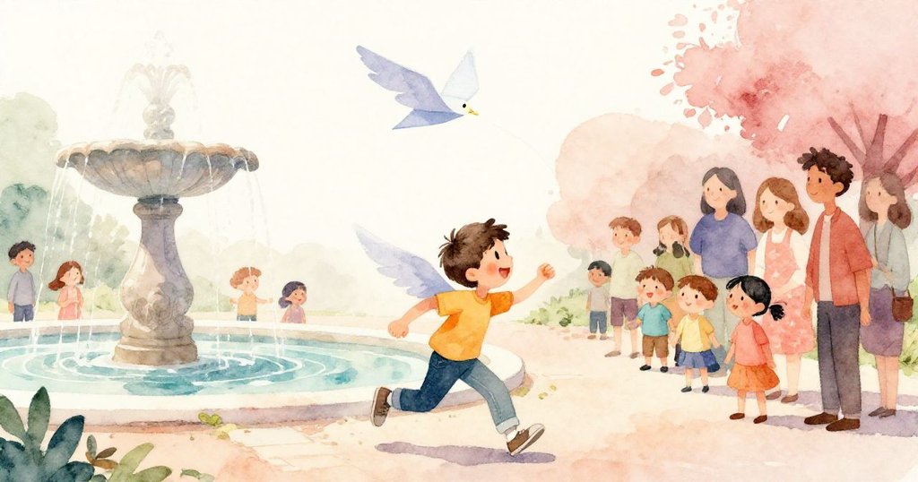 班笑著急伸雙手追接迎風飛回的紙翼，家人於噴泉旁欣喜凝望，冒險與發現氛圍濃厚。