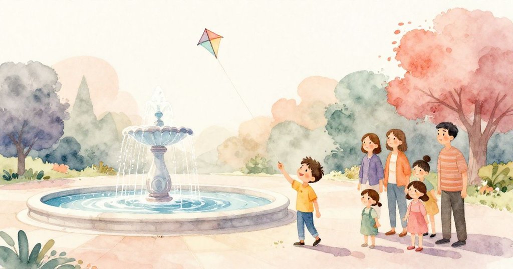 班與家人於靜謐廣場共享溫馨時光，噴泉流轉與風箏點綴天空，冒險後滿溢和諧祝福。