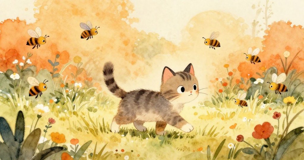 在熱鬧花園中,小貓Twig輕快穿過柔軟草地,同時周圍昆蟲與小動物活躍,充滿好奇與期待。