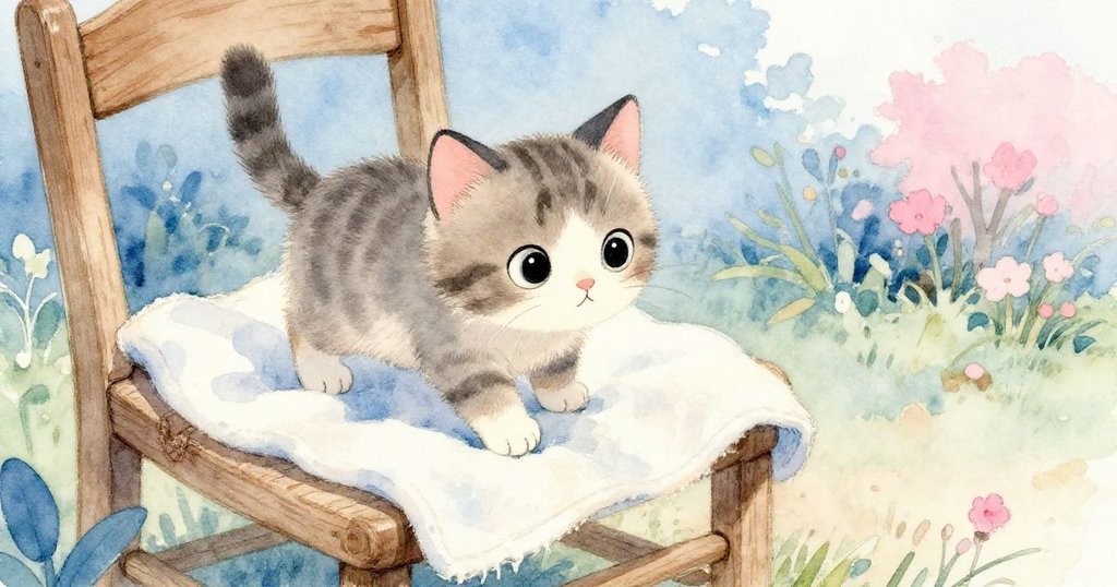 小貓Twig好奇接近椅上潔淨毛毯,細膩布料與柔和光線映現精緻細節,充滿期待探索之情。