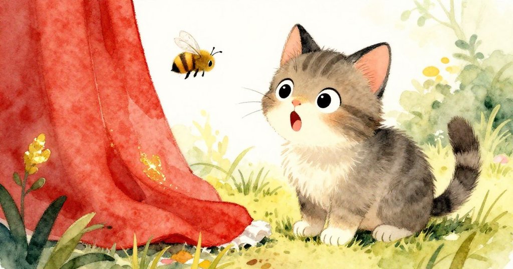 從低角度看,小貓Twig驚訝蹲伏,密切注視近處嗡嗡飛舞的蜜蜂,表情生動細膩,情景生動。