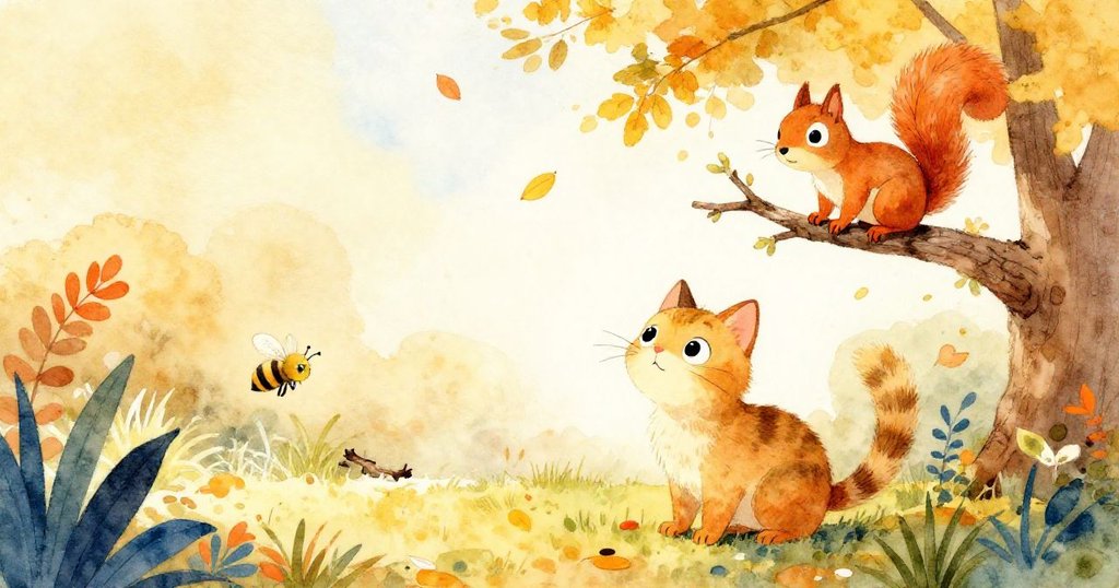 在季節變換的花園中,小貓Twig觀察樹葉搖曳及松鼠跳躍,細枝隨風飄落,環境充滿動感與溫馨。