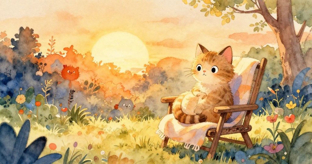 夕陽西下花園中,小貓Twig安臥暖毛毯上,光影柔和充滿祥和,結束了一天充滿冒險與溫馨的旅程。