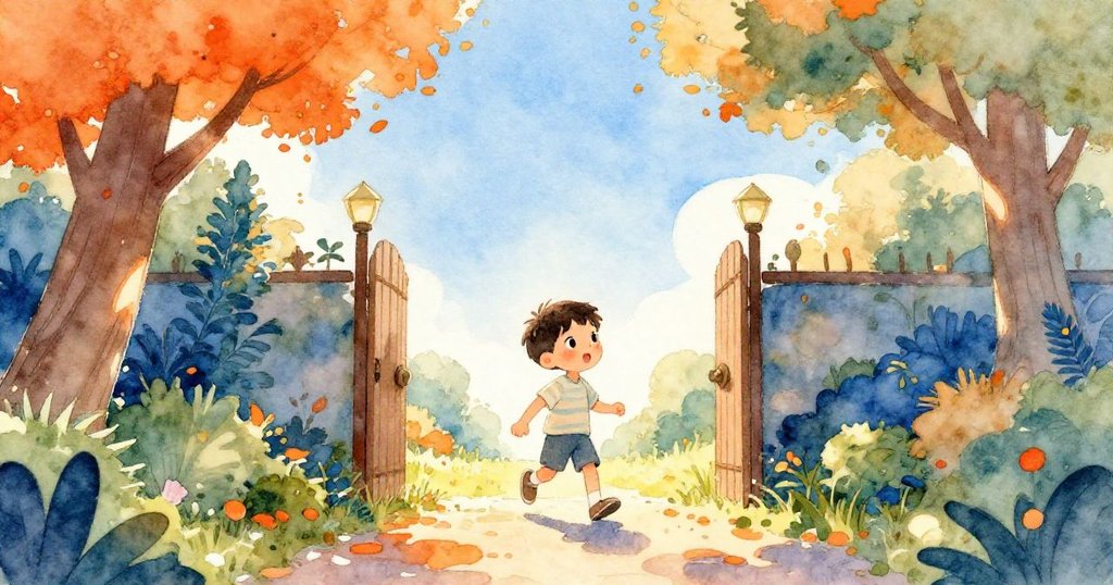 Leo興奮地走入公園，穿過綠蔭入口，迎向明亮藍天與溫暖陽光，背景活力四射呈現初始冒險。