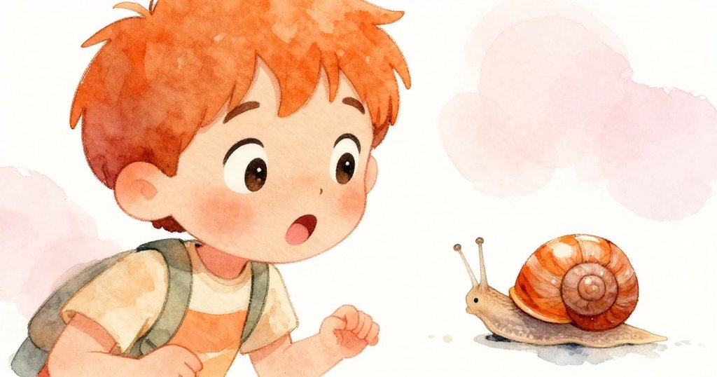 Leo滿臉驚奇盯著正爬行於明亮橙子上的蝸牛，溫暖光線映襯出公園悠閒氛圍，展現童真感動。