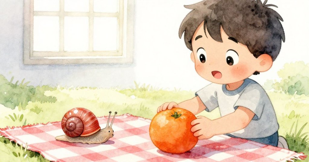 Leo仔細地鋪上野餐布並放下閃亮的橙子，畫面彷彿透過窗戶觀察，營造出奇幻且溫馨的公園景致。