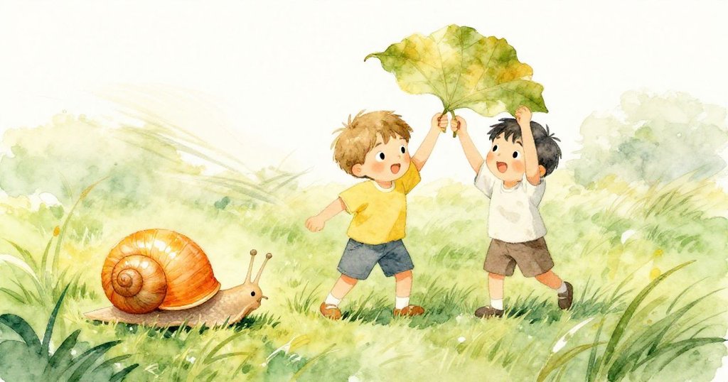 Leo在微風吹拂的公園草地上舉起大葉子，試圖解救被蝸牛遮擋的橙子，畫面動感自然，充滿活力與溫情。