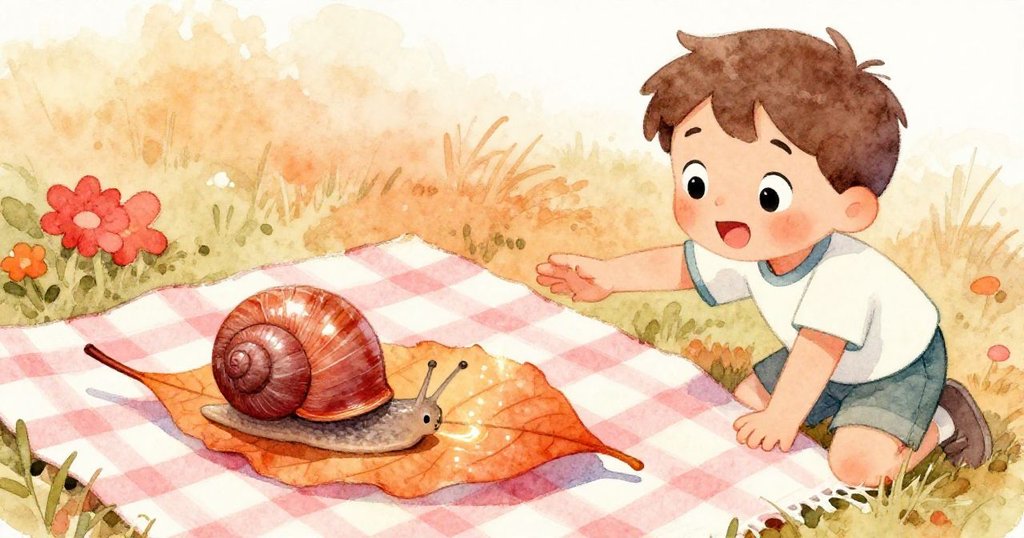 Leo溫柔地將大葉子推向蝸牛，蝸牛爬上葉面留下閃亮軌跡，畫面彰顯細膩互動與童趣驚喜。