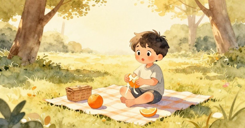 在金色夕陽下，Leo專注剝橙，甜美果香和暖光瀰漫公園，營造溫馨結局，畫面充滿寧靜與滿足感。