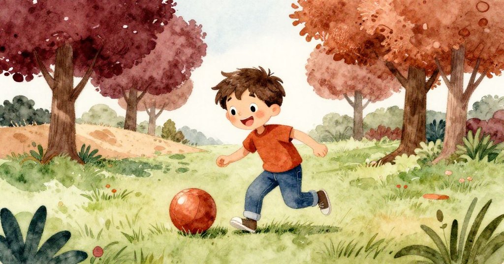 Sam推動圓球向樹叢和沙脊滾動，畫面展現活力與大自然互動，動作富有朝氣