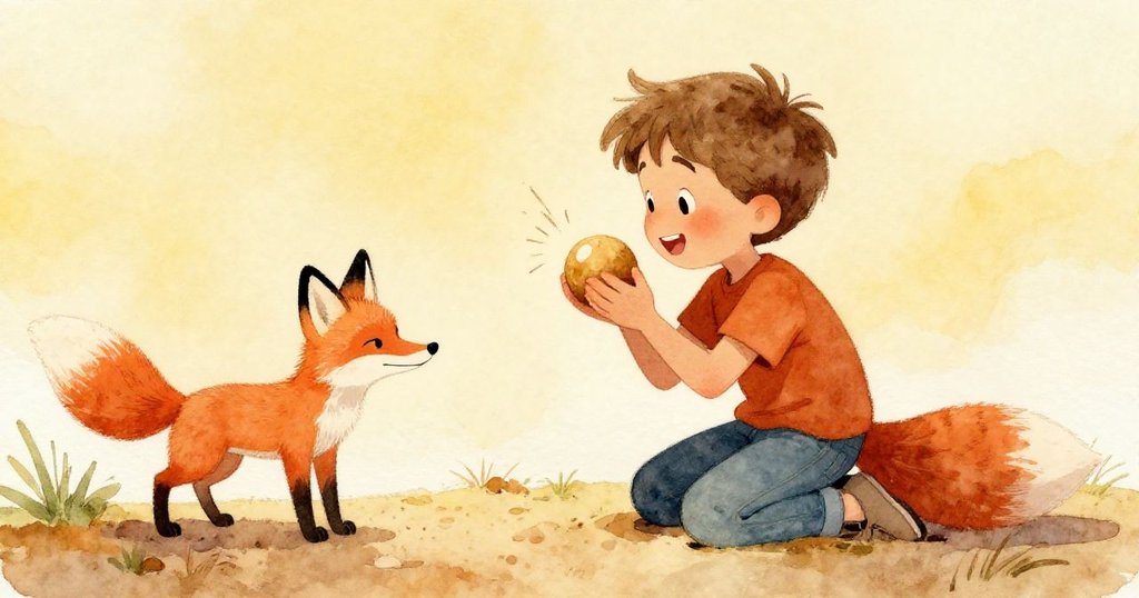 Sam蹲下輕吹圓球，沙脊邊球靜立，小狐狸好奇探查，相互互動溫馨展現