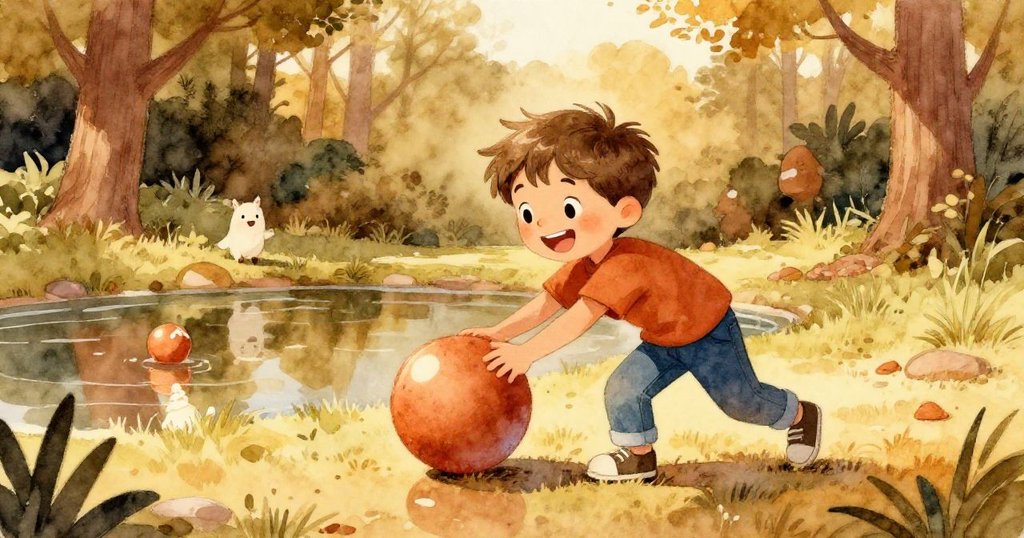 Sam在靠近池塘的新場景中輕推圓球，水面倒映景色，動作流露探索與快樂情緒