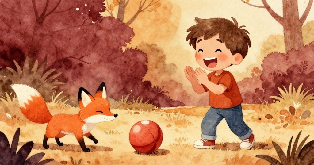 Sam歡笑拍手，狐狸在圓球周圍圈動，彼此互動流露快樂溫馨，情感自然真摯