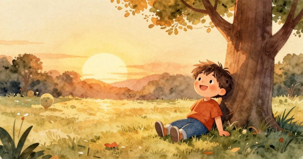 樹旁圓球在溫暖夕陽中靜臥，葉子輕響隨風搖曳，Sam與狐狸身影遠隱，結束一天冒險