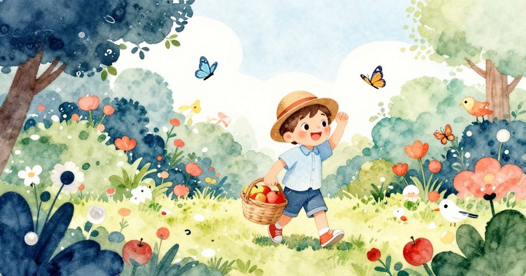 男孩在充滿蝴蝶和小鳥的生動畫園中快樂行走，手持蘋果，神情愉悅，展現故事開始的活力。