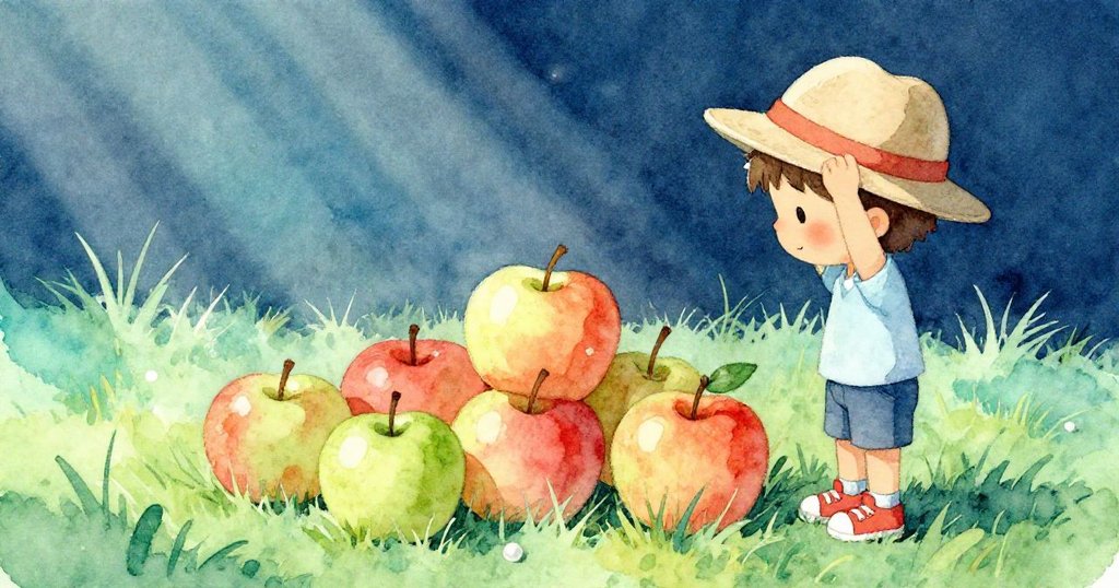 男孩俯身檢視帽中蘋果，細膩調整額外綠蘋果，傳達驚奇與期待，細節豐富，展現故事發展初期。