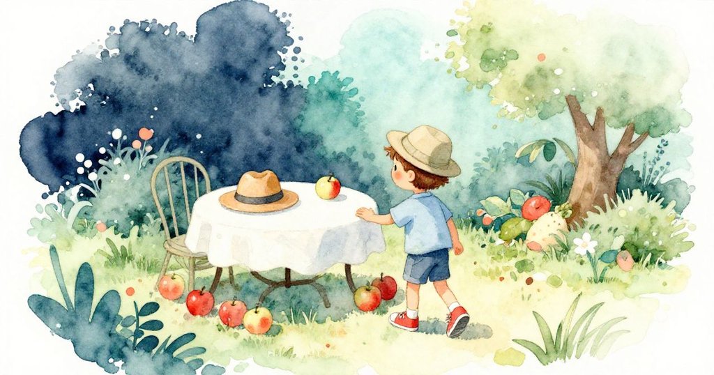 男孩背影慢步至花園桌邊，帽與蘋果散落，象徵驚奇發現和故事發展，暖光柔影點綴。