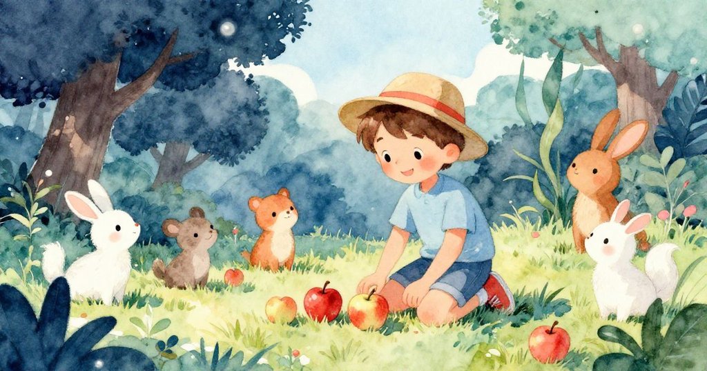 男孩微笑著跪地拾起飛散蘋果，周圍小動物歡欣注視，慶祝重逢，情感溫馨，展現故事解決的喜悅。