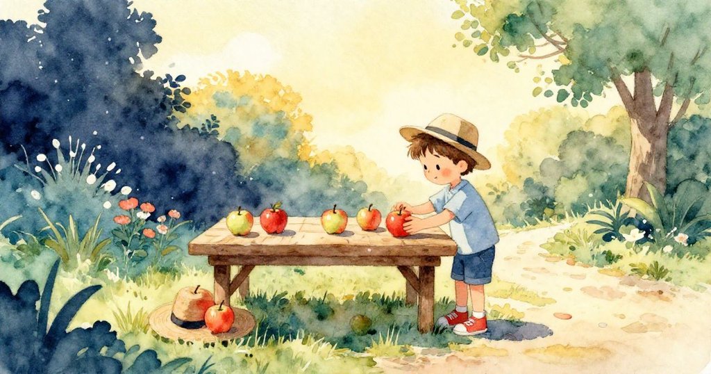 男孩在黃金光芒中將六顆蘋果整齊擺在花園桌上，戴著蘋果帽凝望遠方，象徵冒險新起點，結局溫馨。