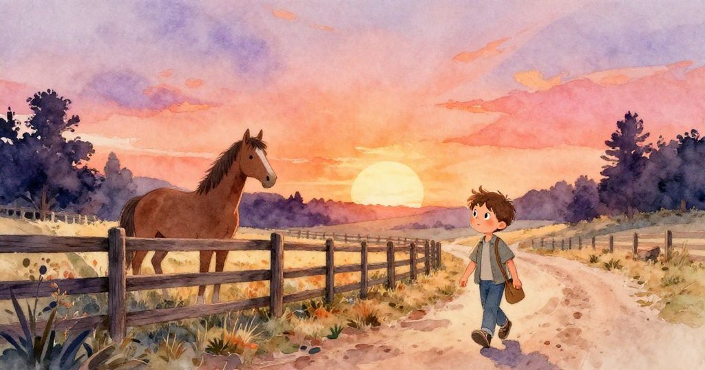 Sam走在鄉村農場小路上，背景有木柵欄和高大馬，充滿期待與溫暖的夕陽光暈。