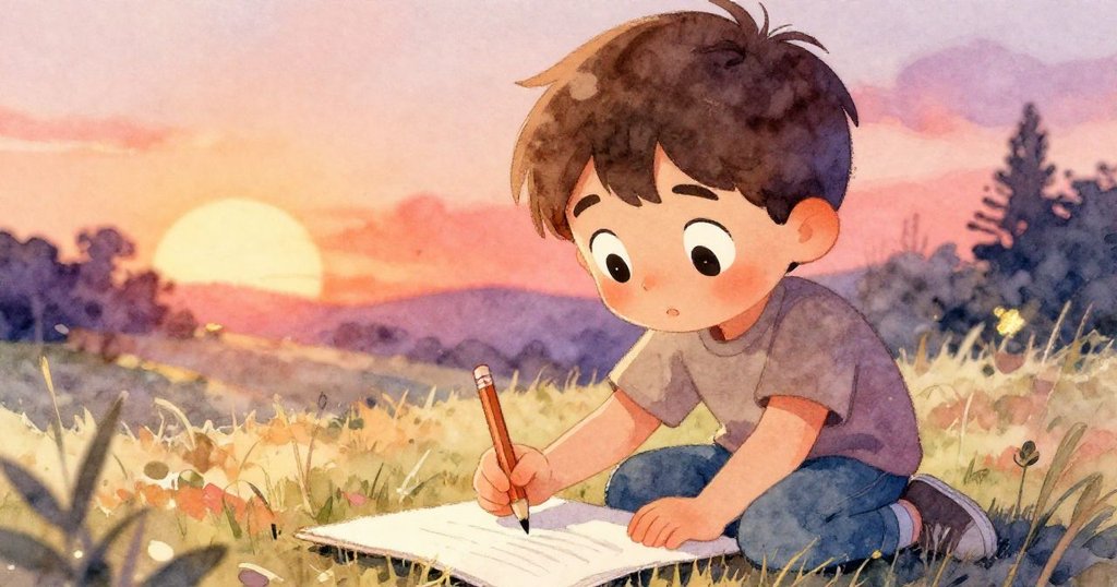 Sam凝視手中鉛筆與紙張，眼中充滿好奇與專注，背景隱約呈現農場的溫暖光影。