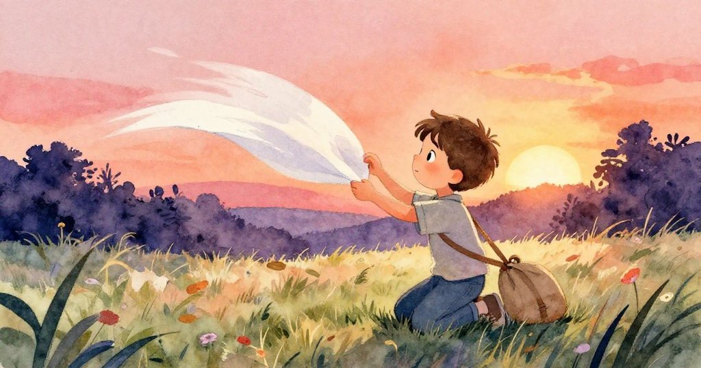 從高處俯視，Sam跪在草地上撿起被風吹落的白紙，專注而溫柔地移動背包固定紙張。